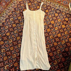 Cream Striped Button-Front Sundress with Smocked Bodice